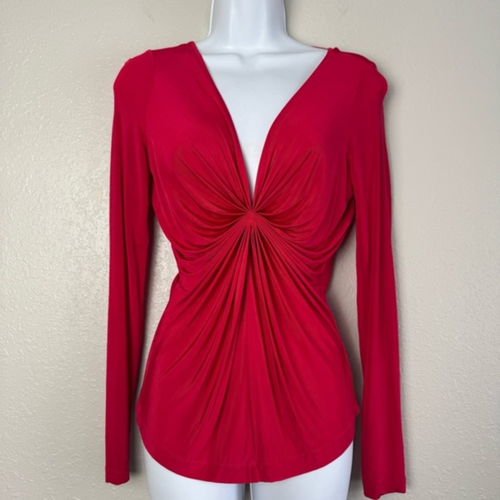Bebe raspberry red ruched long sleeve top blouse v-neck S